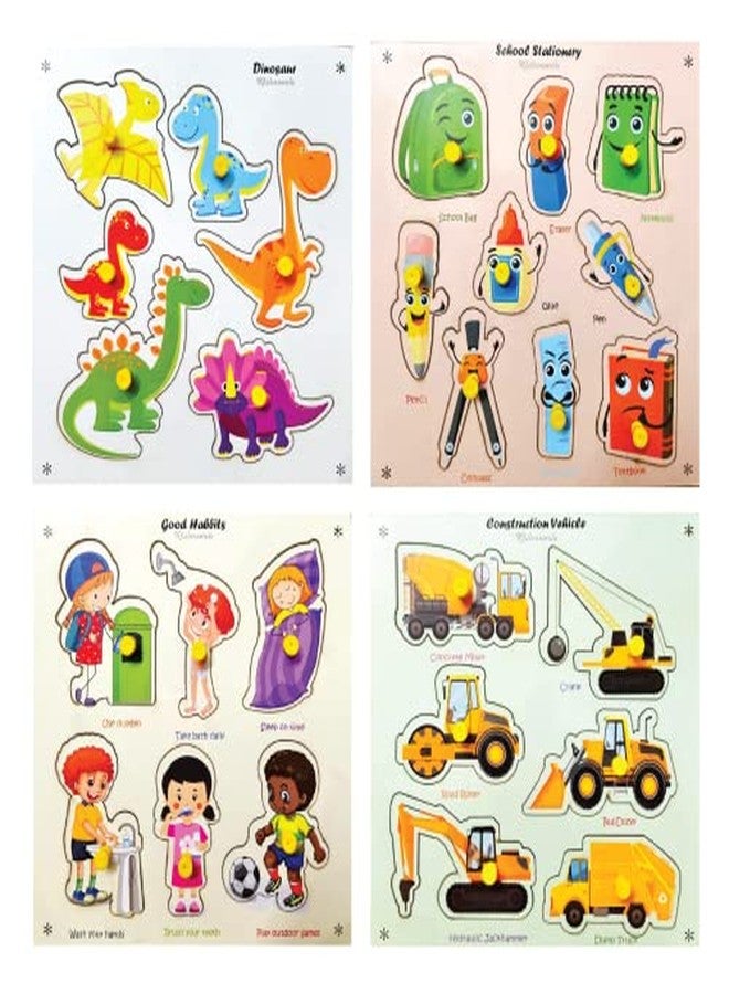 Khilonewale Kid's - Combo of 4 Wooden Learning Puzzle Boards (Dinosaurs + School Stationary + Good Habits + Construction Vehicles) - Image 1